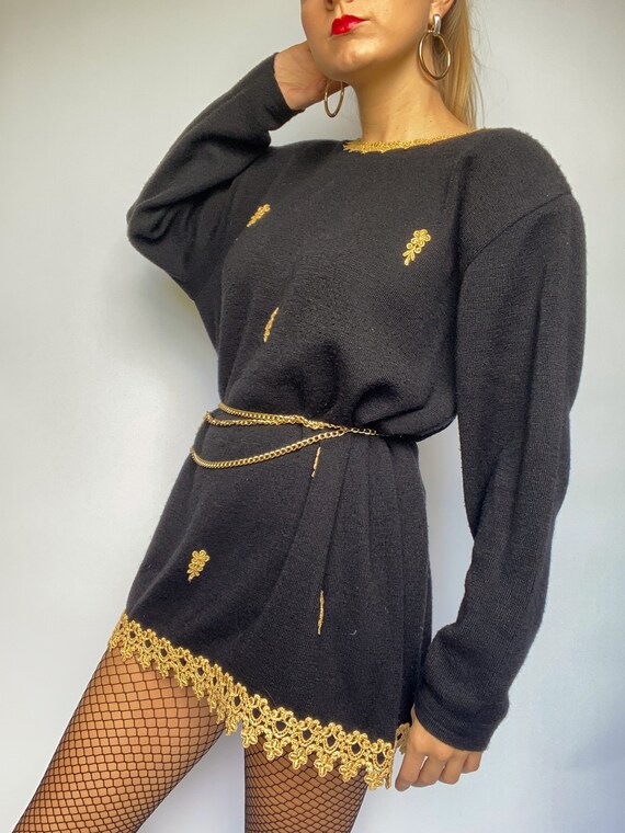 90s vintage black sweater with gold trim and embe… - image 4