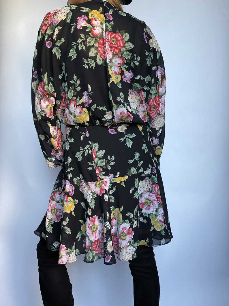 80s Vintage Floral Button Front Drop Waist Sheer Long Kimono Sleeve Dress image 6