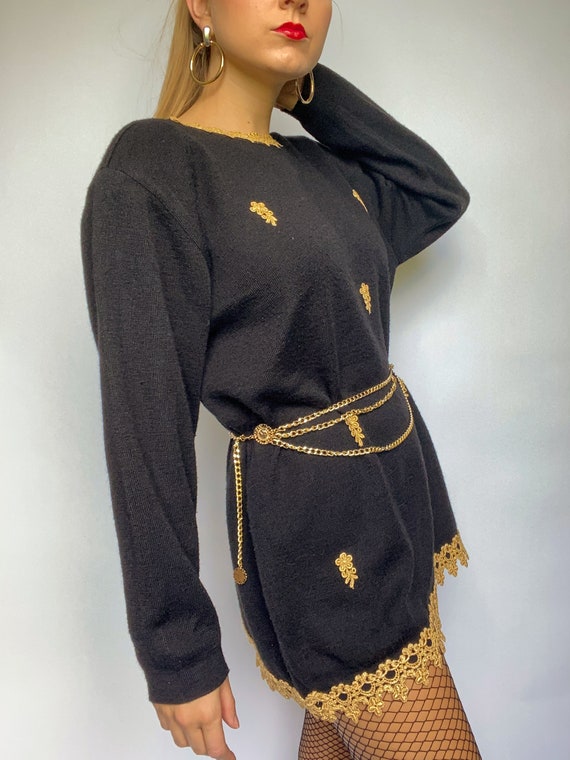 90s vintage black sweater with gold trim and embe… - image 3