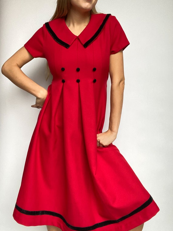 Y2K Vintage Red Pleated Collared Girls Dress with… - image 7