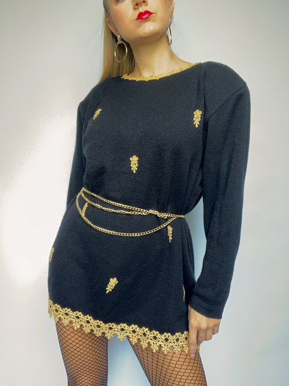 90s vintage black sweater with gold trim and embe… - image 2