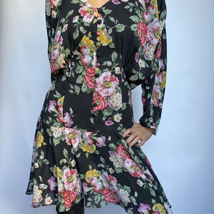 80s Vintage Floral Button Front Drop Waist Sheer Long Kimono Sleeve Dress image 3
