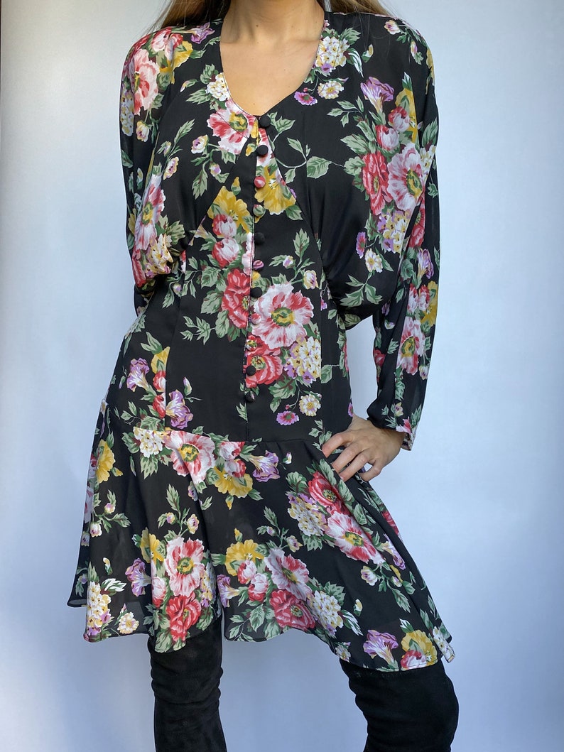 80s Vintage Floral Button Front Drop Waist Sheer Long Kimono Sleeve Dress image 3