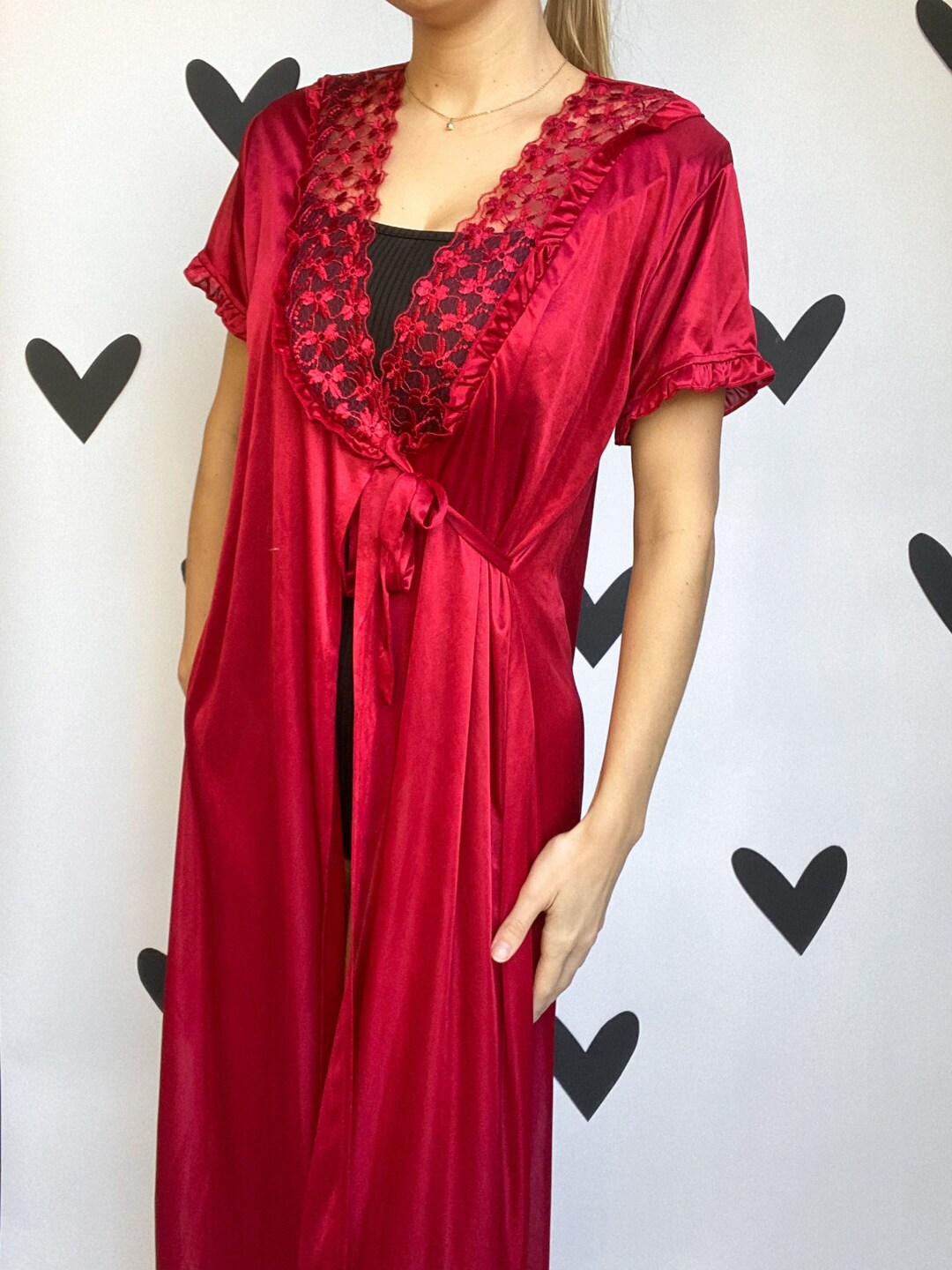 Vintage 90s Red Silky Short Sleeve Robe Lingerie Nightgown With Lace ...