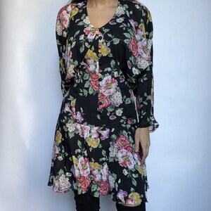 80s Vintage Floral Button Front Drop Waist Sheer Long Kimono Sleeve Dress image 2