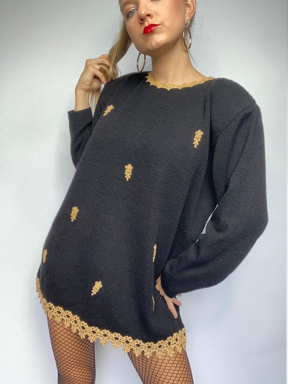 90s vintage black sweater with gold trim and embe… - image 8