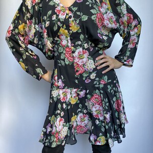 80s Vintage Floral Button Front Drop Waist Sheer Long Kimono Sleeve Dress image 7