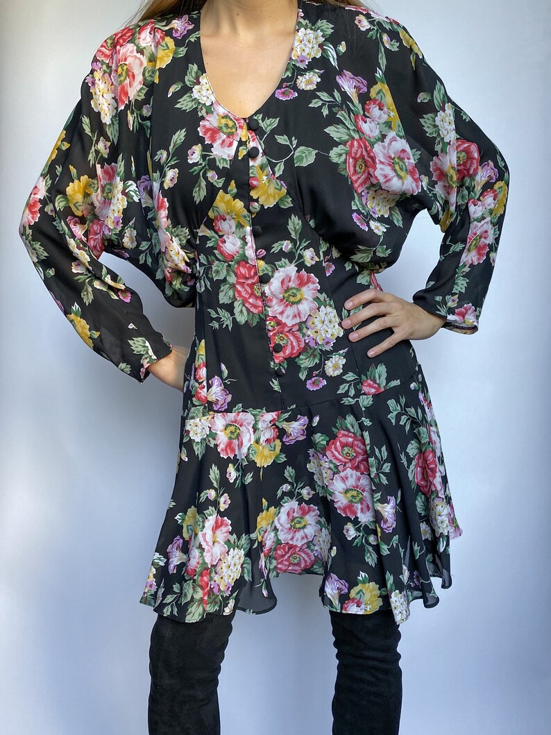 80s Vintage Floral Button Front Drop Waist Sheer Long Kimono Sleeve Dress image 7