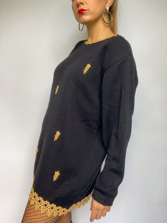 90s vintage black sweater with gold trim and embe… - image 6