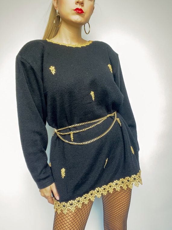 90s vintage black sweater with gold trim and embe… - image 1