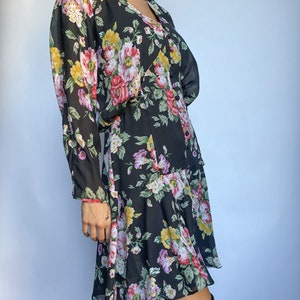 80s Vintage Floral Button Front Drop Waist Sheer Long Kimono Sleeve Dress image 5