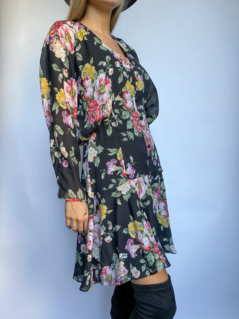 80s Vintage Floral Button Front Drop Waist Sheer Long Kimono Sleeve Dress image 5