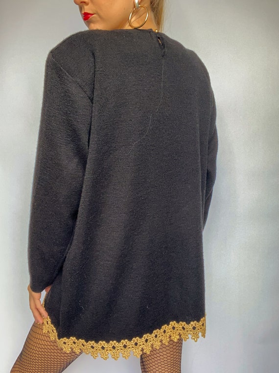 90s vintage black sweater with gold trim and embe… - image 7