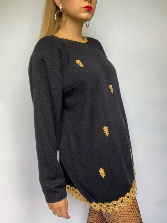 90s vintage black sweater with gold trim and embe… - image 5