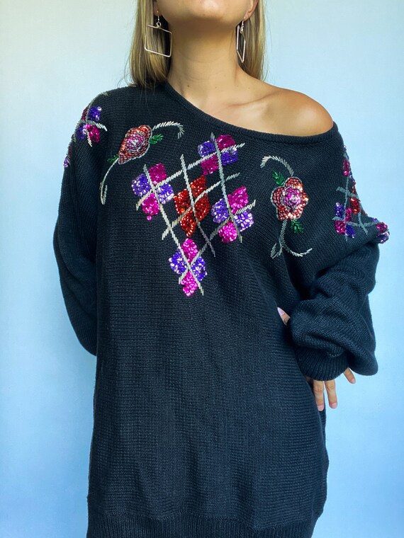 90s Black Embellished Sequin Beaded Kimono Sleeve… - image 2