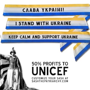 Handmade historical protest sashes to benefit UNICEF in Ukraine, with custom wording and alphabet.