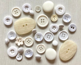 Vintage plastic white buttons, Mixed set of 30 antique buttons, Buttons for scrapbooking, Lot of retro buttons, Vintage sewing notions
