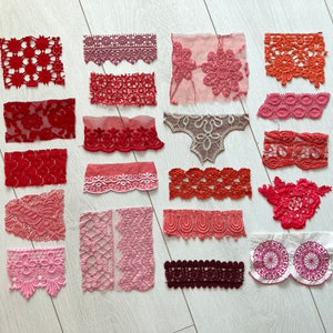 20er Set rote und rosa Spitzenreste, 20er Set Spitzenreste, Spitzenreste, Vintage Spitzenreste, Spitzenreste, Junk Journal Spitzenreste