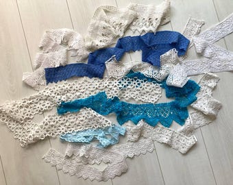 Lot of 10 white and blue vintage cotton lace pieces, Crochet lace grab bag, Antique lace scraps, Scalloped edge trim, Floral lace remnants