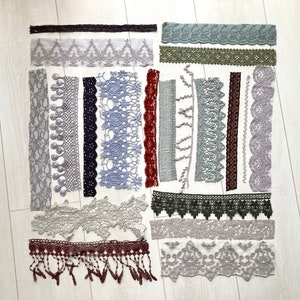 20 pieces of assorted gray green and brown vintage lace, Slow stitch fabric kit, Dark lace and trim for junk journal, Old lace grab bag