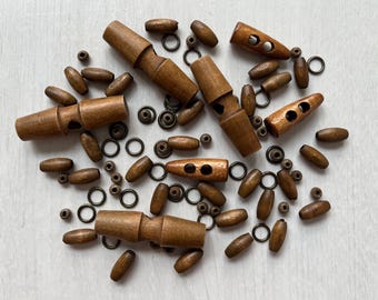 Wooden Toggle Buttons Vintage Mixed Clasps Fasteners Beads Rings Sewing Craft DIY Set