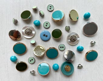 Vintage Metal Enamel Buttons Lot, 30+ pcs Teal Olive Destash Mix for Sewing & Crafts