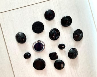 Black Mixed Plastic Shank Buttons Vintage 13 pcs, Scrapbooking Junk Journaling Embellishments, Altered Art Craft Supplies