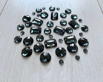Assorted acrylic sew on crystal gems, Mixed black flat back rhinestones, Sewing supplies, Craft embellishments