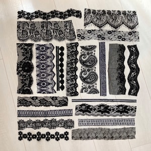 20 pieces of assorted black and blue vintage lace, Lace and trim bundle, Dark lace for junk journal, Lace grab bag