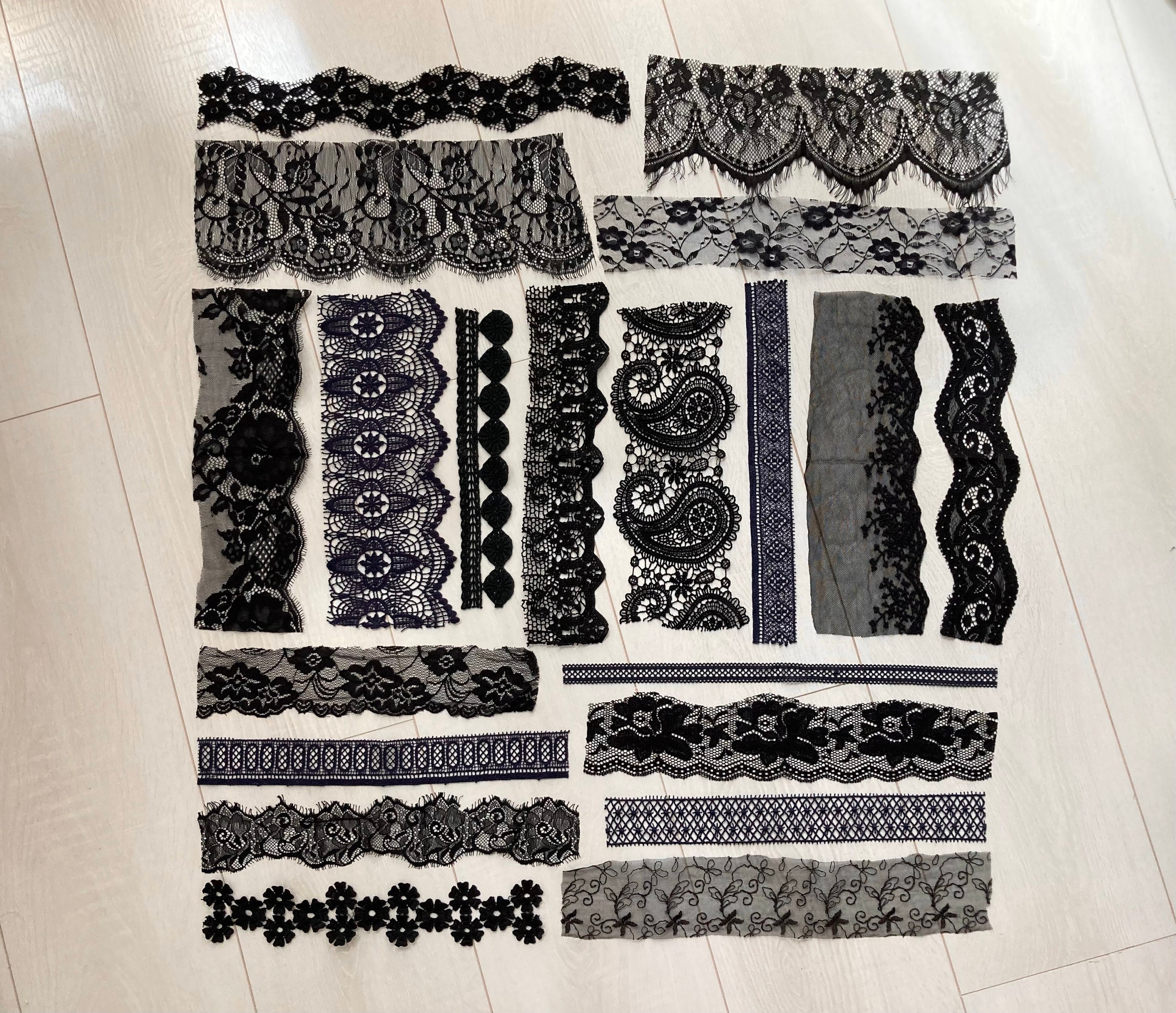 20 pieces of assorted black and blue vintage lace, Lace and trim bundle, Dark lace for junk journal, Lace grab bag