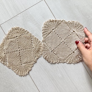 Handmade crochet doilies set, 2 vintage beige napkins, Wedding doily, Lace table toppers square, Lace table mats, Rustic centerpiece