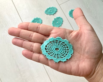 10 Small crochet doilies, Vintage turquoise lace trim scraps, Slow stitch kit, Scrapbooking embellishments