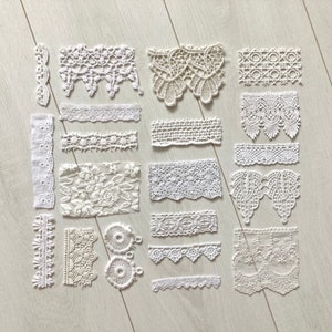 White vintage lace scraps for junk journals, Set of 20 assorted lace pieces, Lace and trims bundles, Sewing inspiration pack, Old lace pack