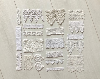 White vintage lace scraps for junk journals, Set of 20 assorted lace pieces, Lace and trims bundles, Sewing inspiration pack, Old lace pack