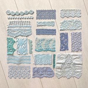 Vintage lace scraps, Set of 20 blue assorted lace pieces, Lace and trims bundles, Sewing inspiration pack, Old lace, Antique lace remnants