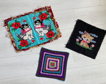 Primitive Cat Cross Stitch - Vintage Pillow Tops Set - Needlepoint & Crochet Cushion Covers 1960s