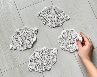 White crochet lace doilies vintage lot of 4, Junk journal decorations, Scrapbooking embellishments, Boho table coasters