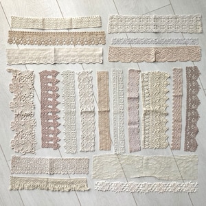 Mix of 20 beige vintage lace pieces, Ecru lace scrap lot, Lace and trim bundle, Assorted lace snippets, Lace for junk journal, Lace grab bag