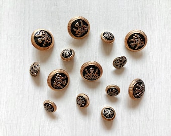 Set of 14 vintage gold black metal buttons, Steampunk buttons, Enamel shank buttons, Sewing and junk journal buttons, Lot of antique buttons