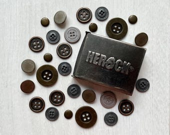 Herock Belt Buckle and Mixed Metal Buttons Set for Denim, Upcycling Industrial Craft Supplies Bundle, Vintage Sewing Notions