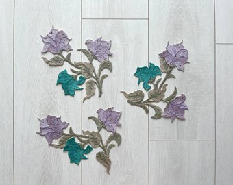 Sew on flowers appliques set of 3 vintage pieces, Purple & teal floral embellishments