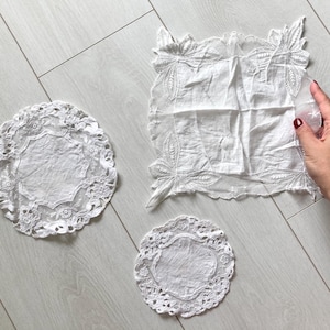 Lot of 3 vintage white cotton doilies, Antique embroidered lace doilies, Wedding doilies, Farmhouse fabric table decor, Rustic table linens