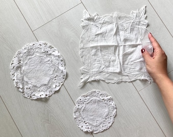 Lot of 3 vintage white cotton doilies, Antique embroidered lace doilies, Wedding doilies, Farmhouse fabric table decor, Rustic table linens
