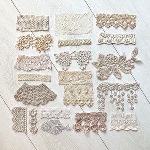 Vintage beige lace remnants, Lace scraps for junk journals, Sewing lace trim kit, Lace grab bag 20 assorted pieces, Lace and trims bundles