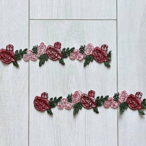 Pink flower lace applique pair, Fabric embellishments, Embroidered appliques, Vintage dress decoration, Floral patches, Costume design patch