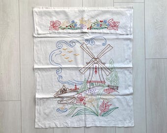Vintage Hand Embroidered Dutch Windmill Hanging Tea Towel, Holland Souvenir Display Towel, Kitchen Decor