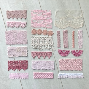 Antique lace remnants, Vintage lace scraps, Set of 20 assorted pink lace pieces, Lace and trims bundles, Sewing inspiration pack, Old lace