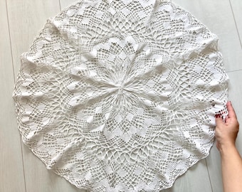 White vintage crochet lace tablecloth 27&quot;, Large round wedding doily 68cm, Farmhouse centerpiece, Cotton table cover, Handmade textile