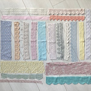 Pastel vintage lace trim bundle, 20 assorted lace pieces, Lace and trims grab bag, Junk journal lace pack, Sewing inspiration pack