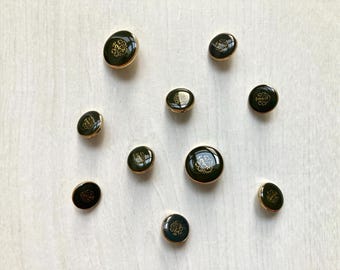 Set of 10 vintage gold crest metal buttons, Black enamel shank buttons lot, Steampunk buttons, Sewing embellishments, Antique buttons
